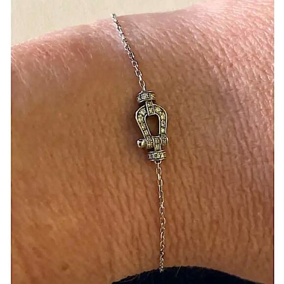 Sterling Silver Horseshoe Zircon Bracelet Chain Link Snaffle Stirrup D Ring - Picture 1 of 7